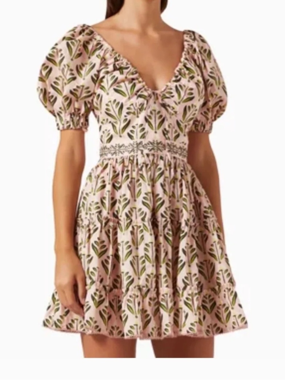 Agua by Agua Bendita Pink Floral Puff-Sleeve Tiered Dress
